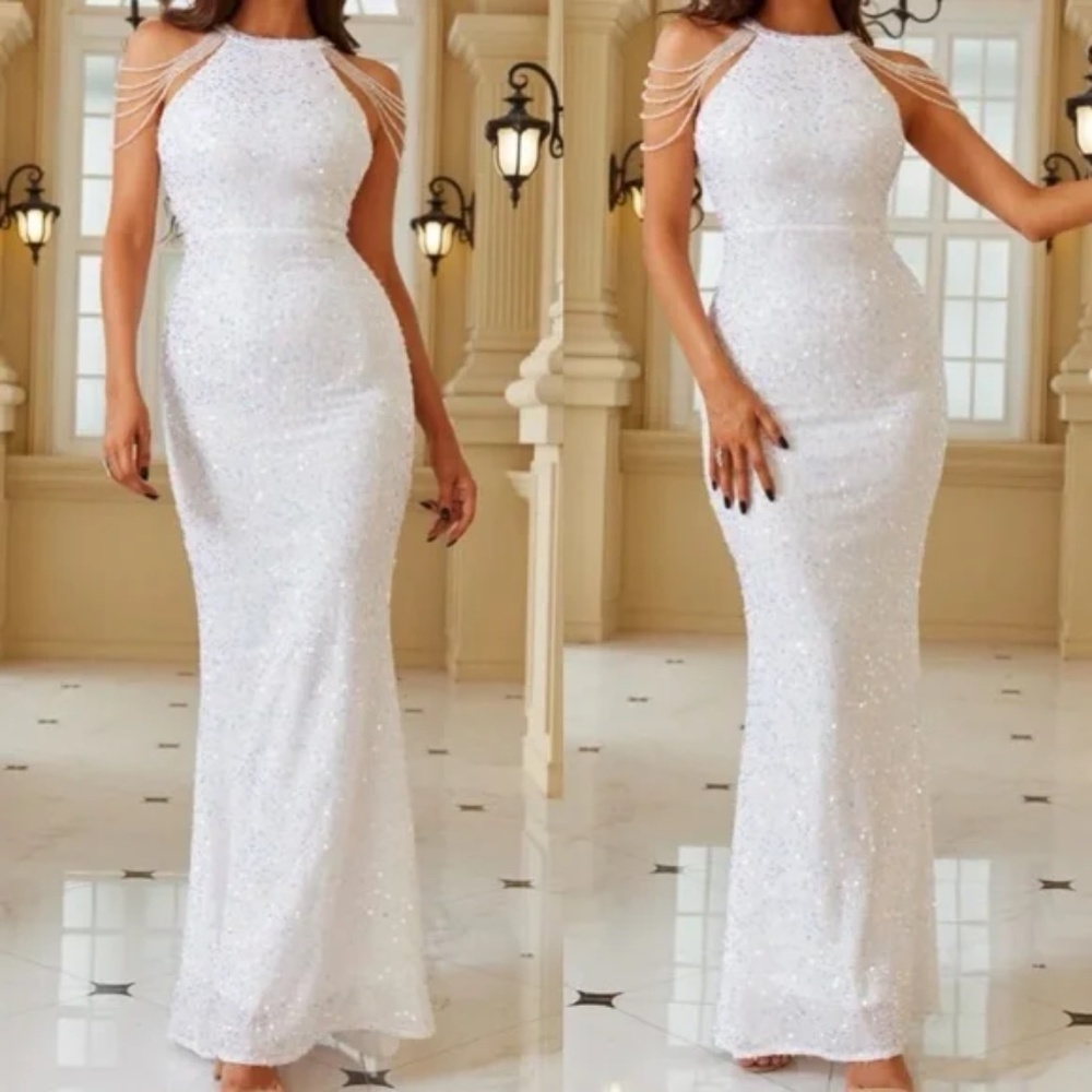 Luxe Sequin Rhinestone Halter Formal Black Tie Wedding Dress - Picture 3 of 16